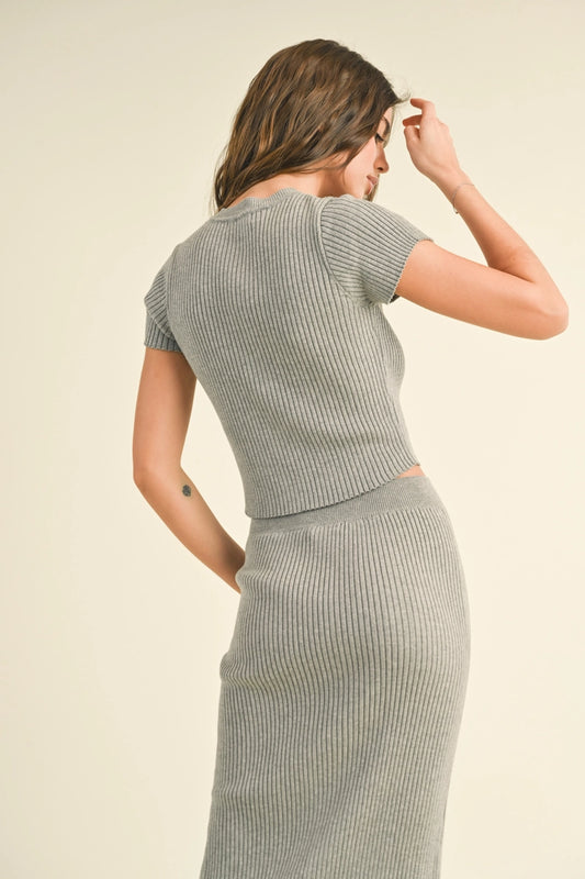 Grey Ribbed Front Zipper Top