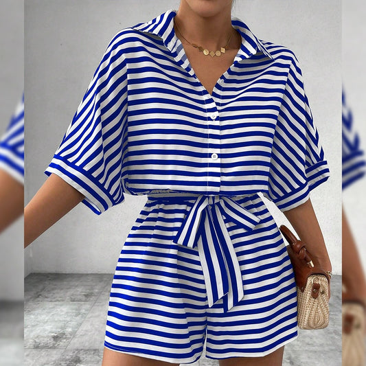 Striped Lapel Button-Up Belted Romper