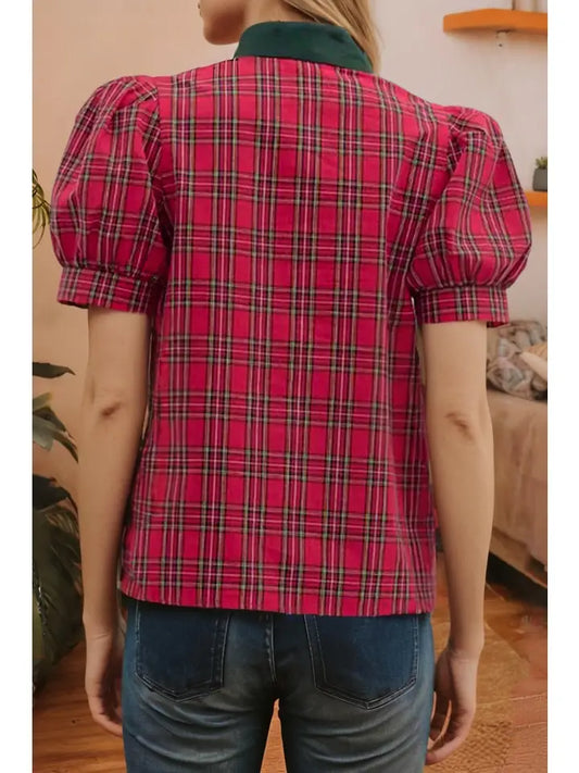 Plaid Print Contrast Trim V Neck Short Sleeve Blouse