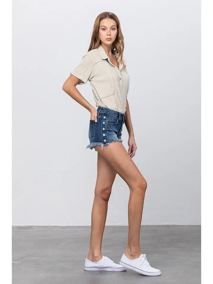 Side Button Down Denim Shorts