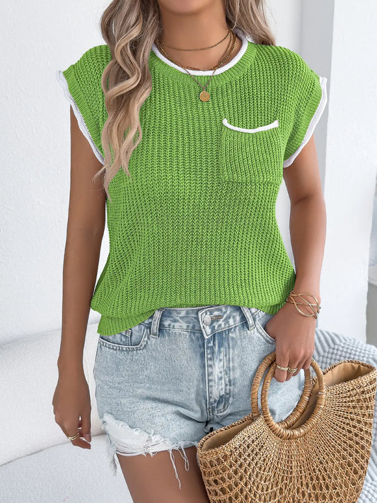 Short Sleeve Ribbed Knit Pullover Top with Contrast Trim - The Season Boutique