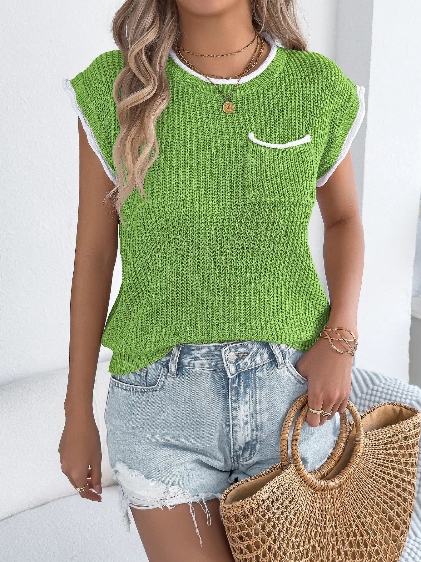 Short Sleeve Ribbed Knit Pullover Top with Contrast Trim - The Season Boutique