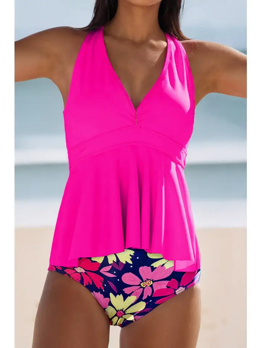 V Neck Ruffled Hem Floral Bottom Tankini Set