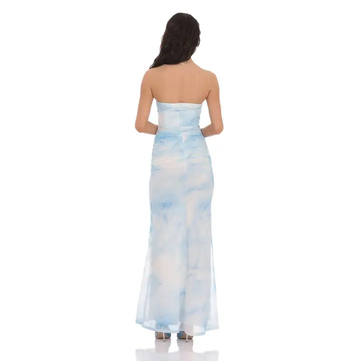Mesh Strapless Corset Maxi Blue Tie Dye