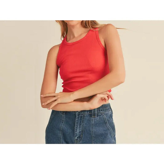 Ribbed High Neck Sleeveless Racerback Crop Tank Top