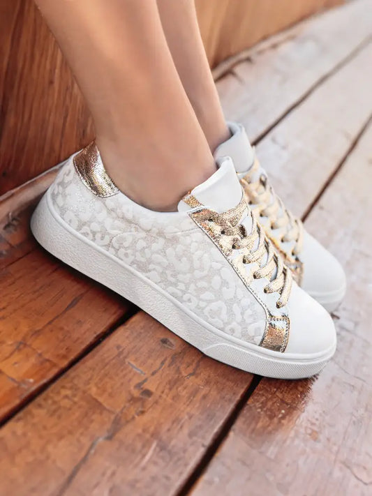 Leopard Print Glitter Patched Pu Leather Lace-Up Shoes