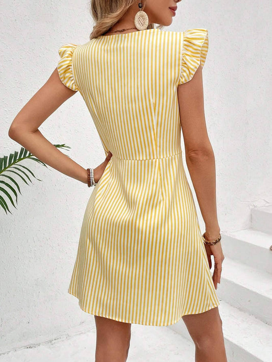 Yellow Striped Print V-Neck Flutter Sleeve Dress - The Season Boutique
