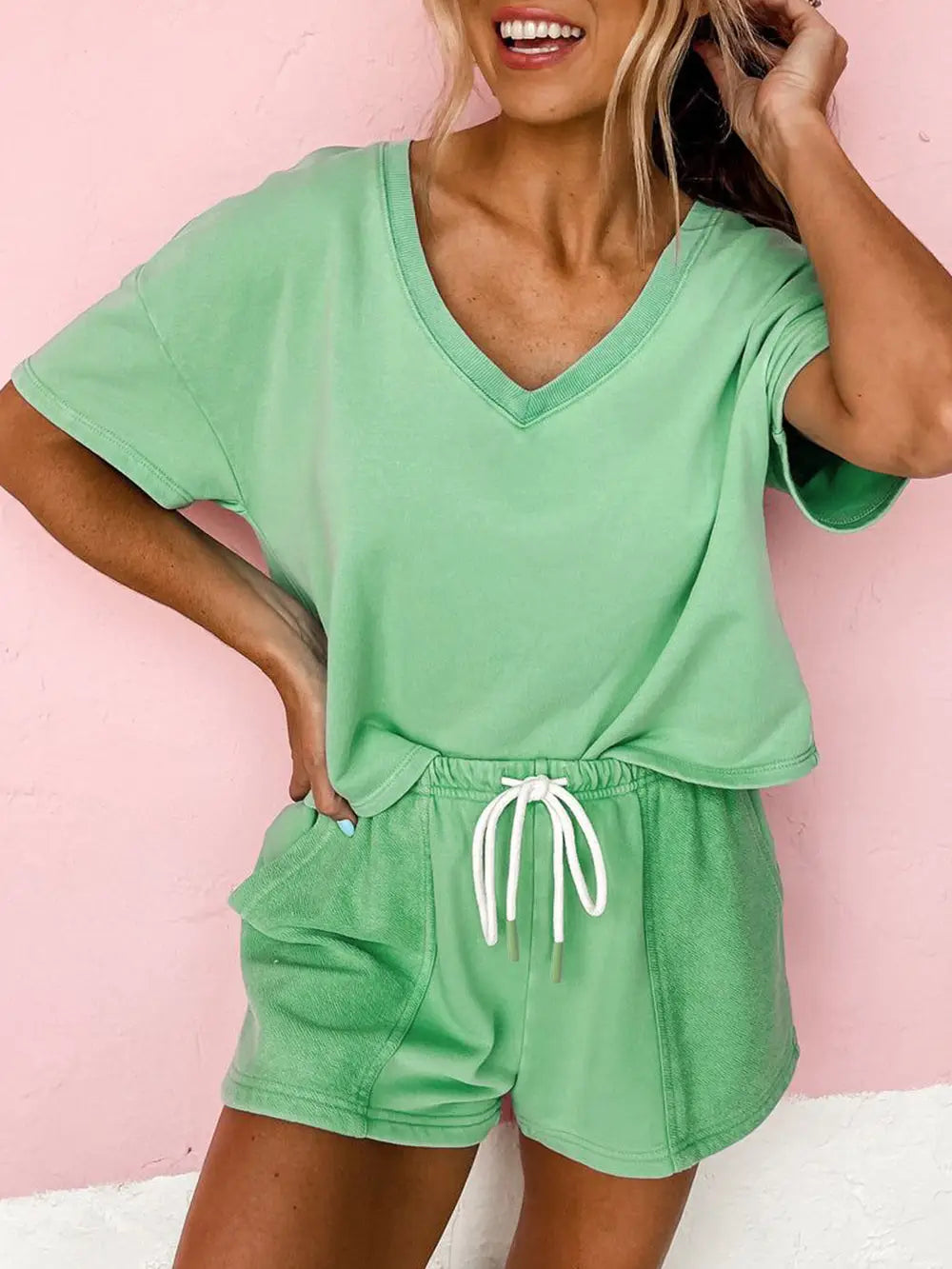 Mint Green V Neck Drop Shoulder Tee and Patchwork Drawstring Shorts Set