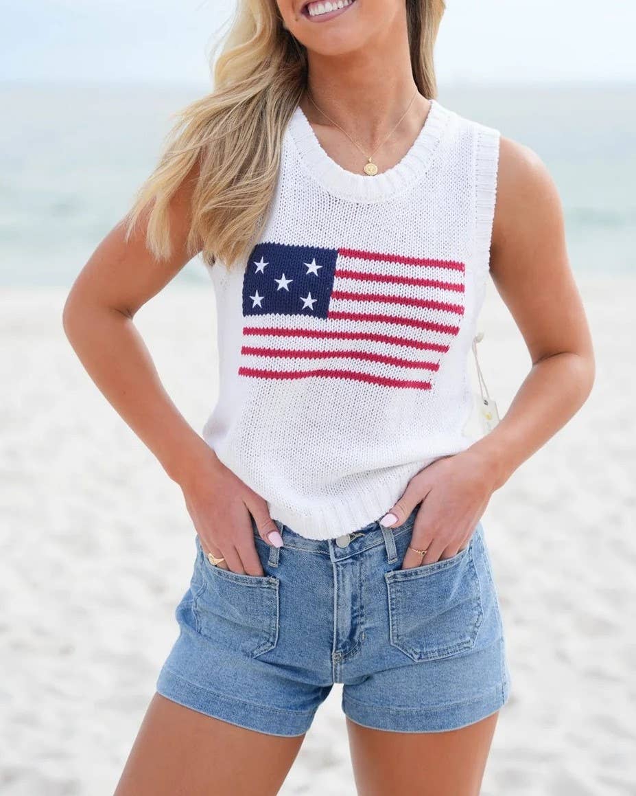 Crew Neck American Flag Knit Tank Top - The Season Boutique