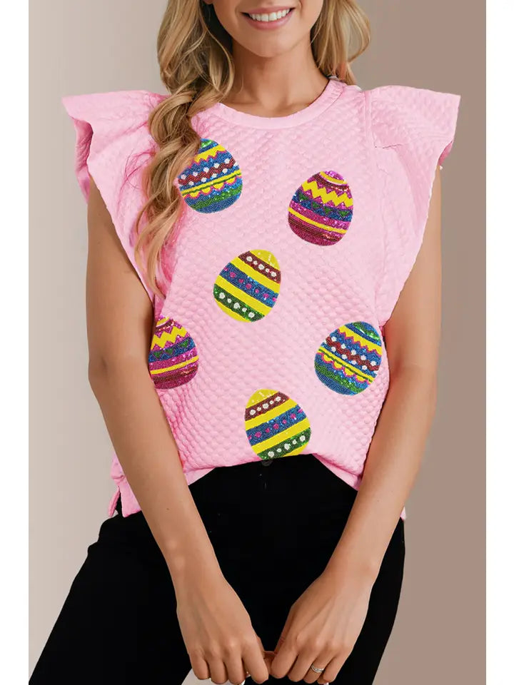 Happy Easter Eggs Textured Ruffle Top
