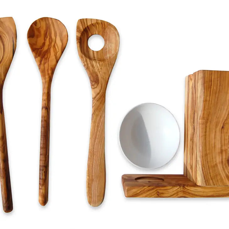 All-in Utensil Mug Including Three Cooking Spoons of Olive Wood