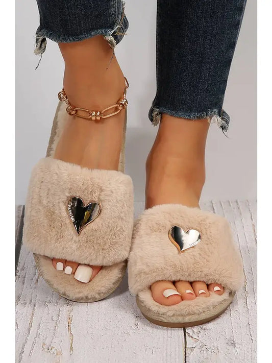Heart Shape Buckle Decor Open Toe Plush Slipper
