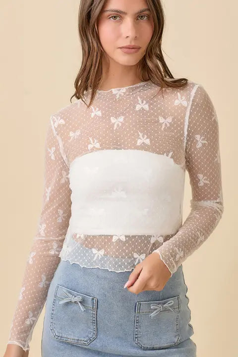 White Ribbon Bow Mesh Long Sleeve Top