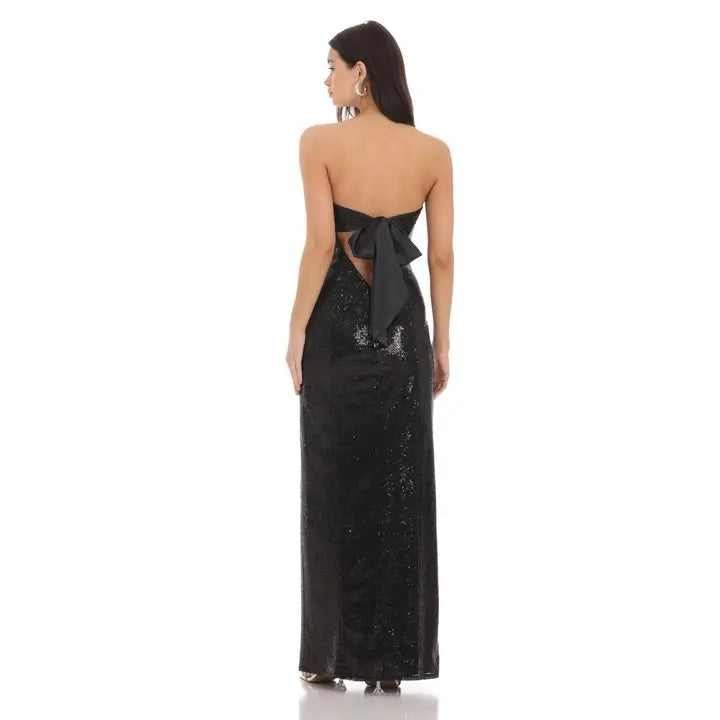 Sequin Satin Back Tie Maxi Dress in Black The Season Boutique Sequin Satin Back Tie Maxi Dress in Black The Season Boutique