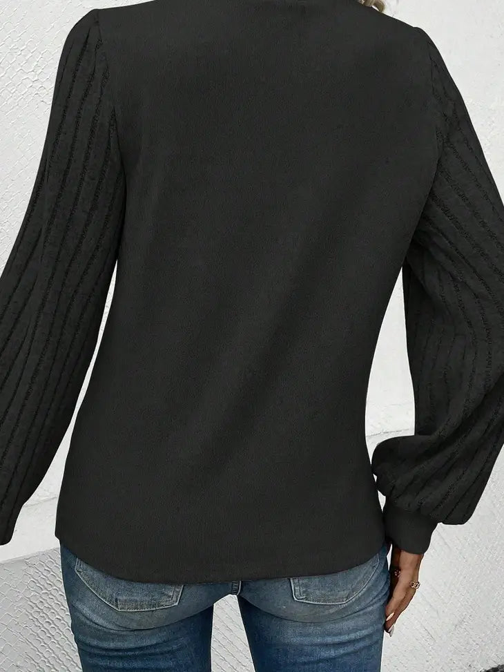 Contrast Ribbed Bishop Sleeve Top