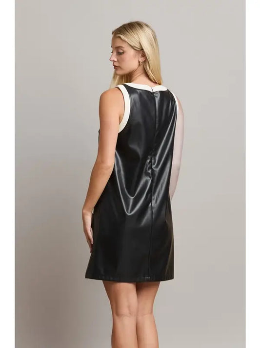 Contrast Trim Vegan Leather Shift Dress - The Season Boutique
