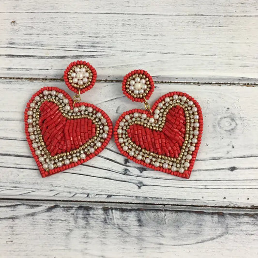 Red Beaded Heart Earrings