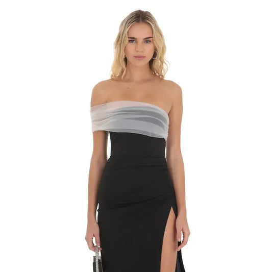 Off Shoulder Tulle Sleeve Maxi Dress in Black