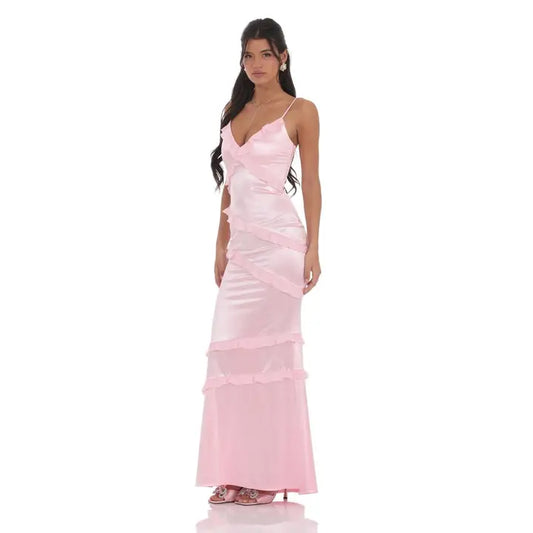 Satin V-Neck Ruffle Mermaid Maxi Dress in Pink