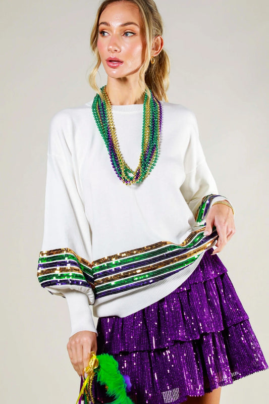 Mardi Gras Embroidered Sequin Sweater