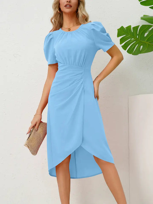 Round Neck Bubble Sleeve Slim Fit Dress