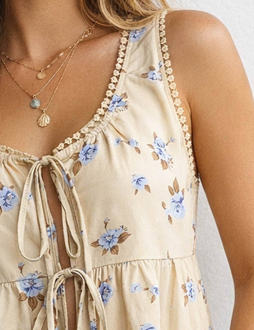 Boho Floral Print Tie Front Scoop Neck - The Season Boutique