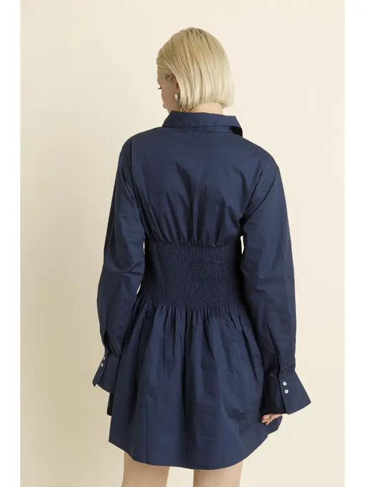 Smocked Mini Shirt Dress Navy - The Season Boutique