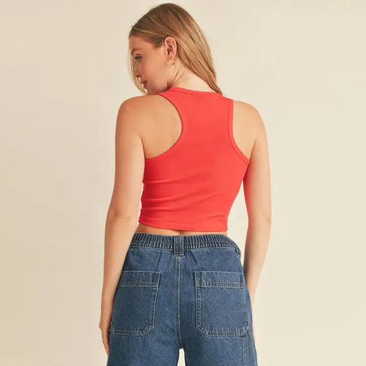 Ribbed High Neck Sleeveless Racerback Crop Tank Top