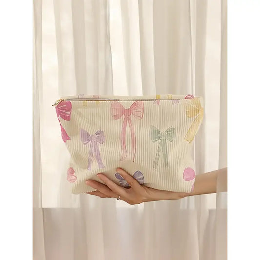 Bow Knot Print Zipper Corduroy Large Cosmetic Bag