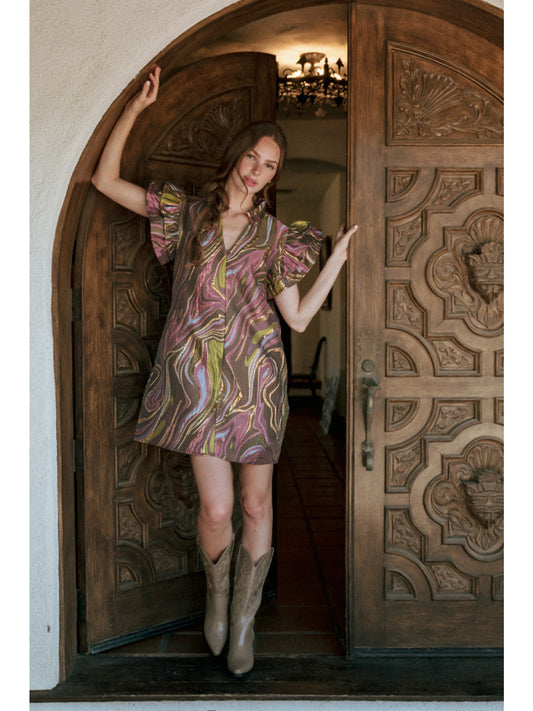 Aurora Swirl Ruffle Mini Dress