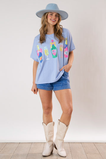 Champagne Bottle & Glass Sequins Loose Fit Top - The Season Boutique