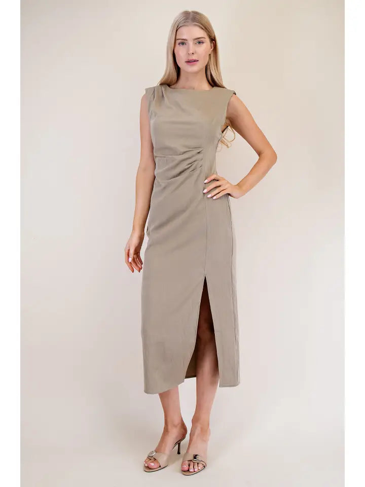 pleated waist midi dress ARRANGE premium structured linen pleated waist midi dress with tie back detail in natural