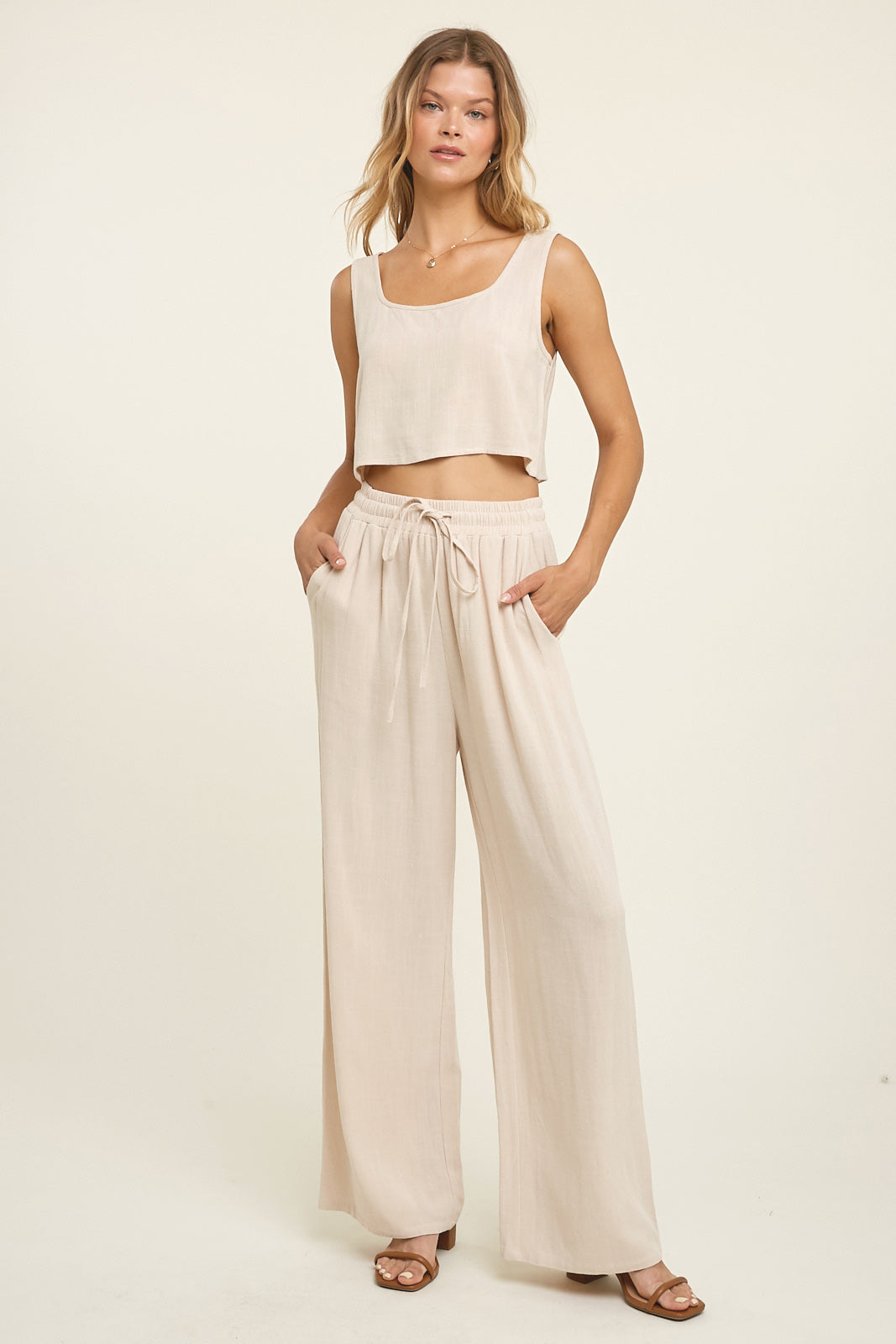 LINEN TWO PIECE CROP TANK TOP AND PANTS SET - The Season Boutique