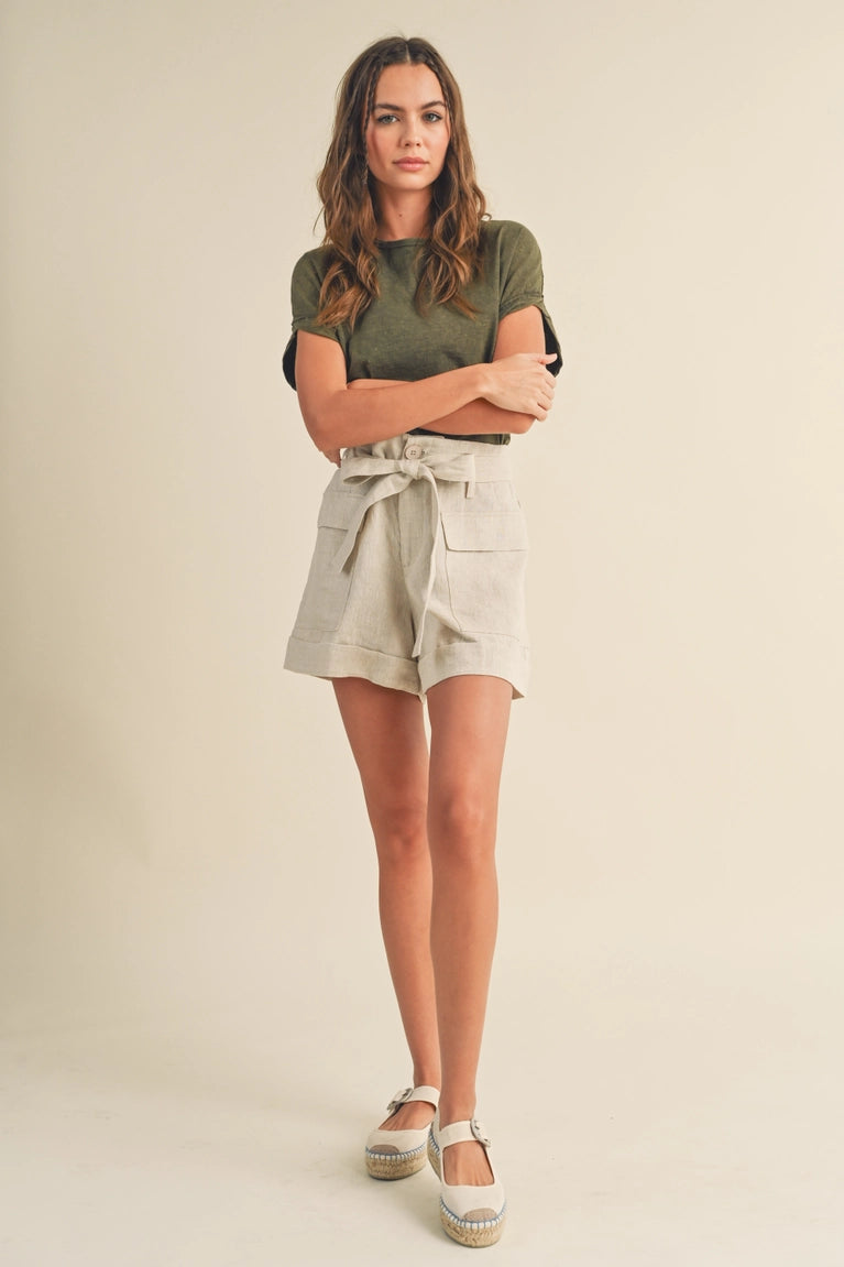 Paper Bag Waist Linen Shorts