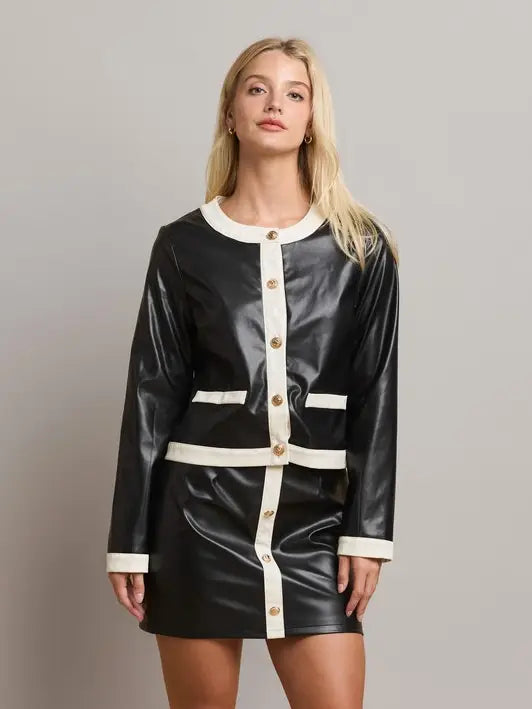 Contrast Trim Vegan Leather Jacket