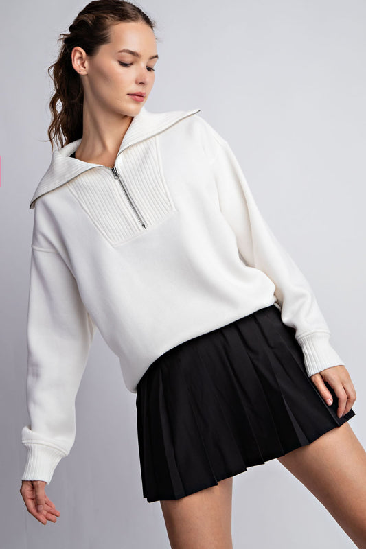 TERRY RIBBED MOCK NECK PULLOVER