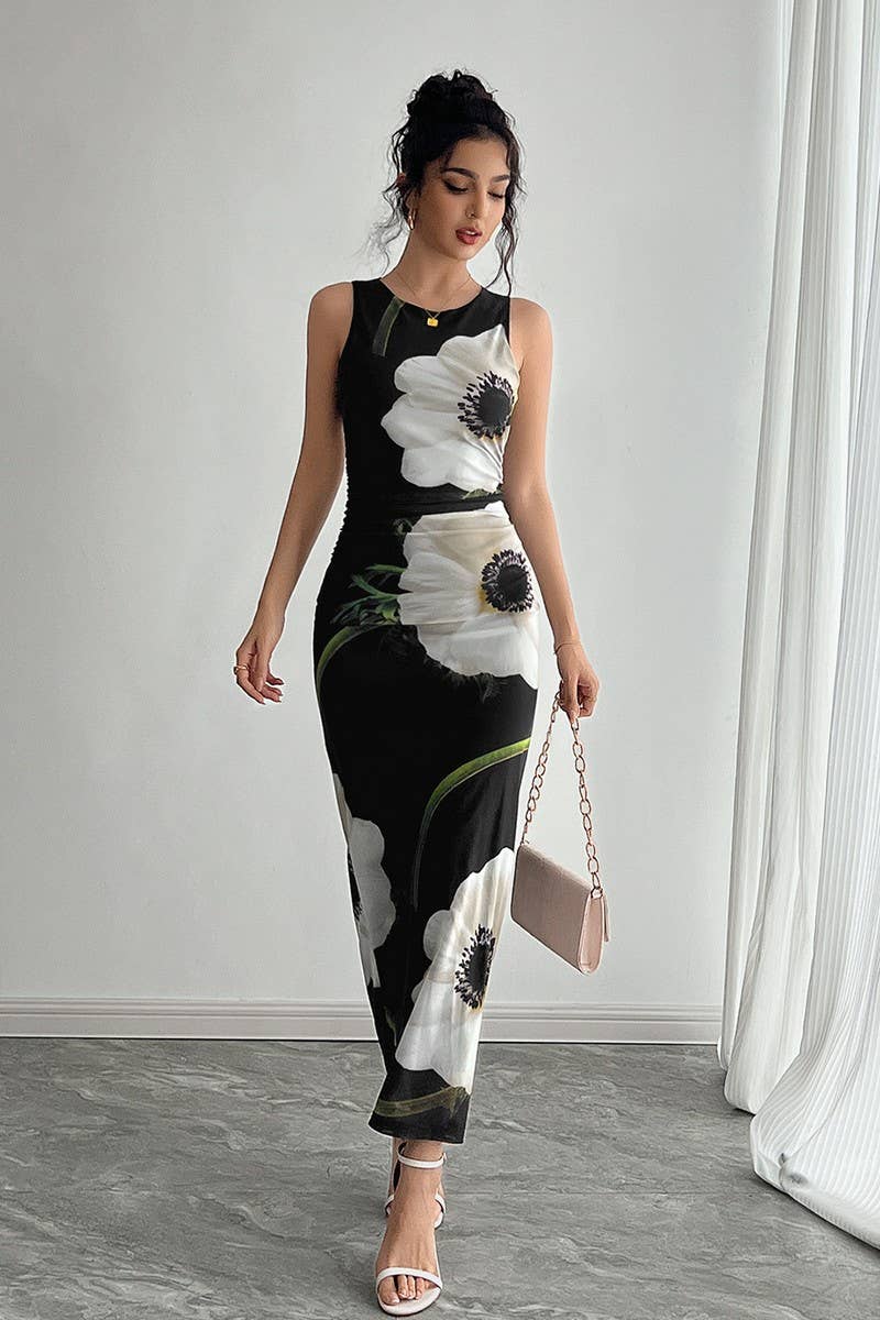 BLACK MESH FLORAL PRINT MAXI DRESS - The Season Boutique