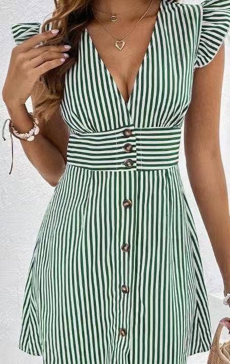 Yellow Striped Print V-Neck Flutter Sleeve Dress