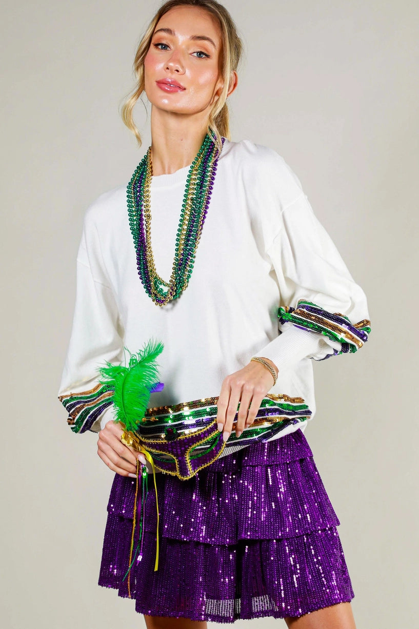 Mardi Gras Embroidered Sequin Sweater
