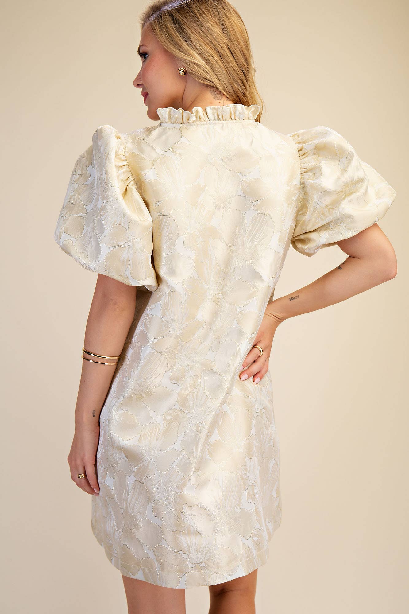 Ruffle V-Neck Puff Sleeve Mini Dress Sage