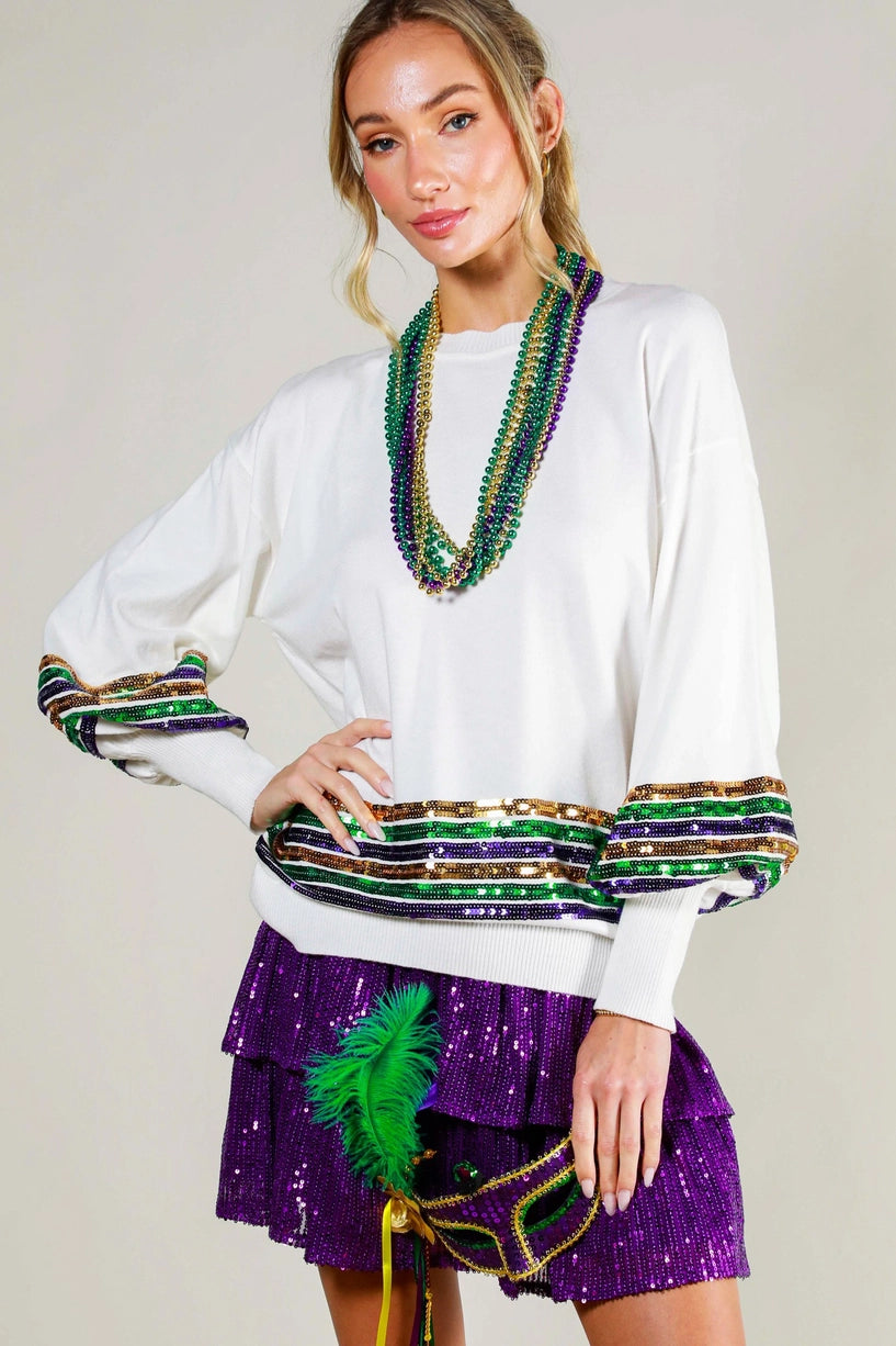 Mardi Gras Embroidered Sequin Sweater