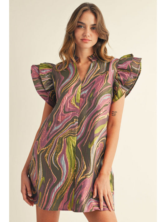 Aurora Swirl Ruffle Mini Dress