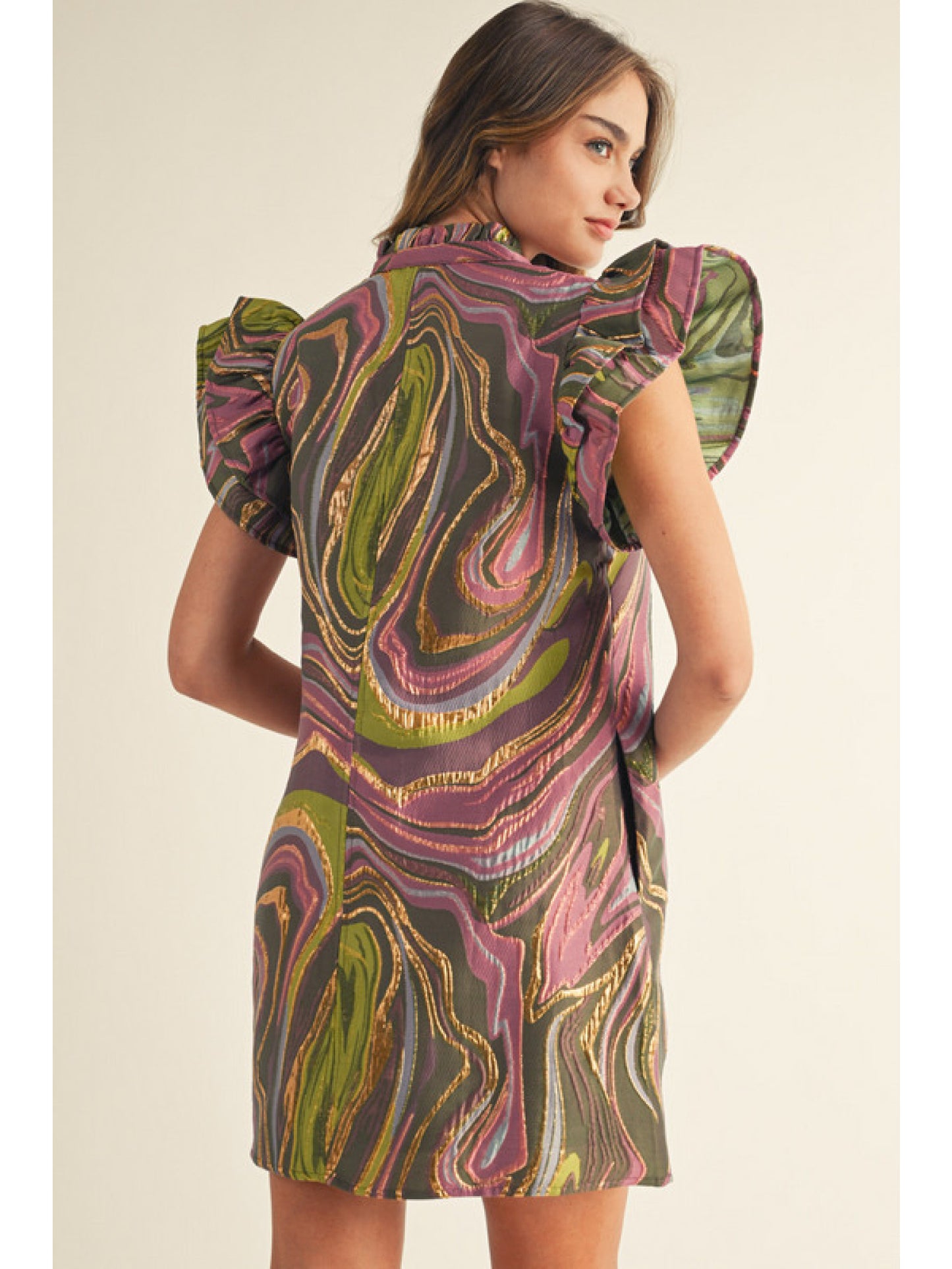 Aurora Swirl Ruffle Mini Dress