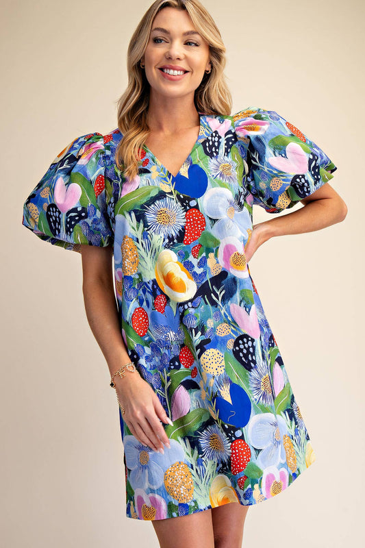 Balloon Sleeve Floral Printed Mini Dress - The Season Boutique
