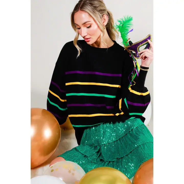 Mardi Gras Multi Color Striped Knitted Sweater