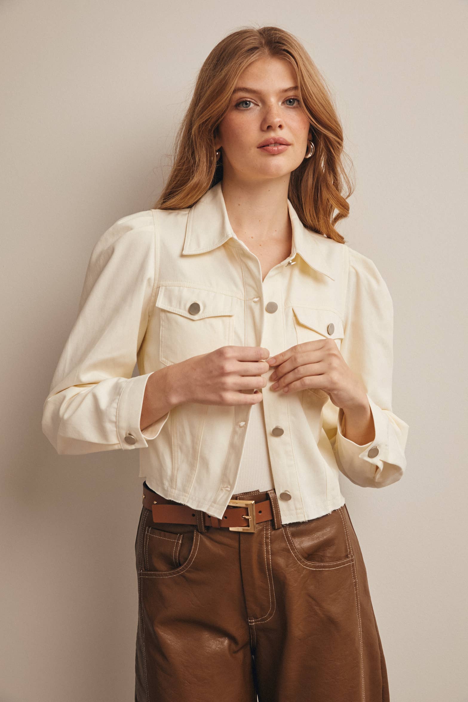 Lightweight Twill Puff-Sleeve Cropped Jacket - The Season Boutique
