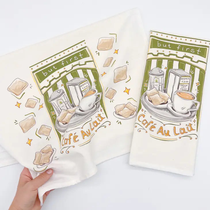 But First Cafe Au Lait Tea Towel Beignet New Orleans Decor