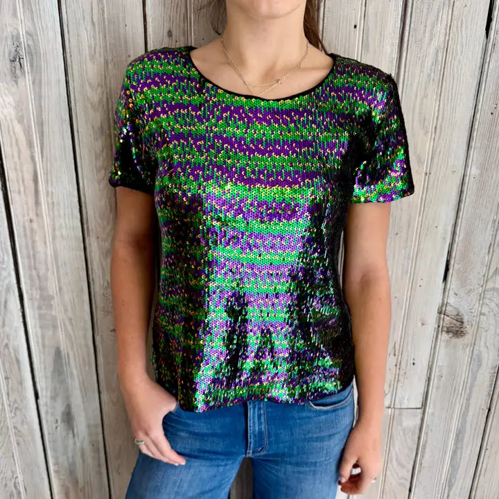 Mardi Sequin Short Sleeve Top