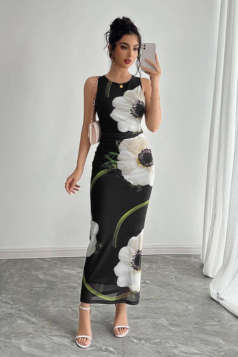 BLACK MESH FLORAL PRINT MAXI DRESS - The Season Boutique
