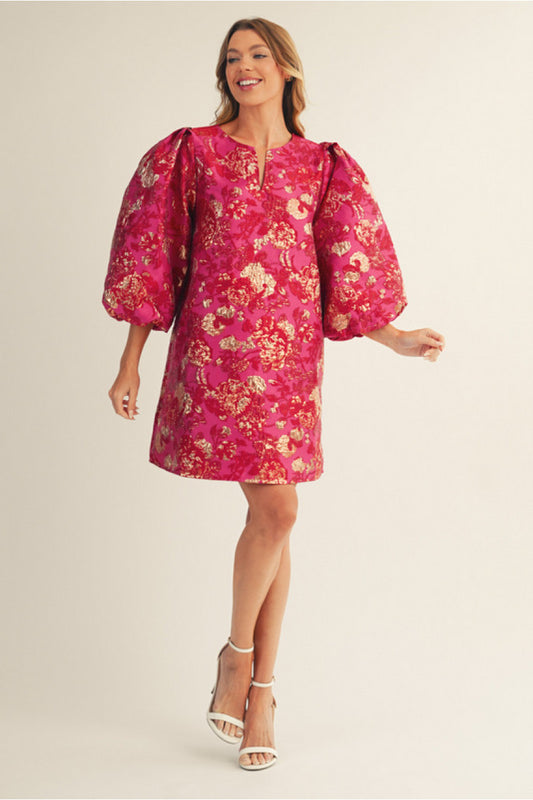 Puff sleeves floral jacquard dress